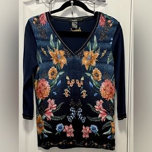 DESIGUAL WOMENS TOP, NAVY FLORAL, size Medium